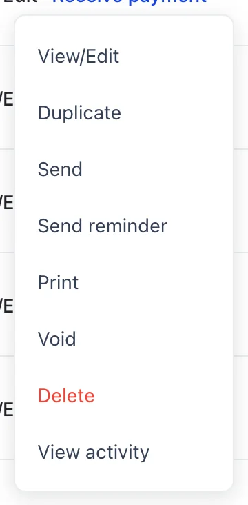 The row menu open on invoice INV-2026-0033 in the All Sales list, offering View/Edit, Duplicate, Send, Send reminder, Print, Void, Delete and View activity, with Delete in red.