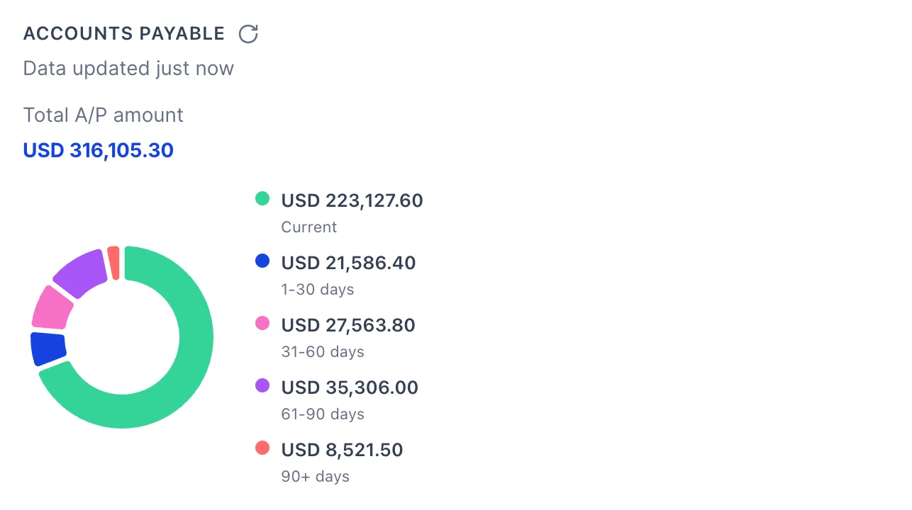 The ACCOUNTS PAYABLE panel, laid out like the receivable one. Total A/P amount reads USD 316,105.30 above a donut and a legend: USD 223,127.60 Current, USD 21,586.40 1-30 days, USD 27,563.80 31-60 days, USD 35,306.00 61-90 days and USD 8,521.50 90+ days.