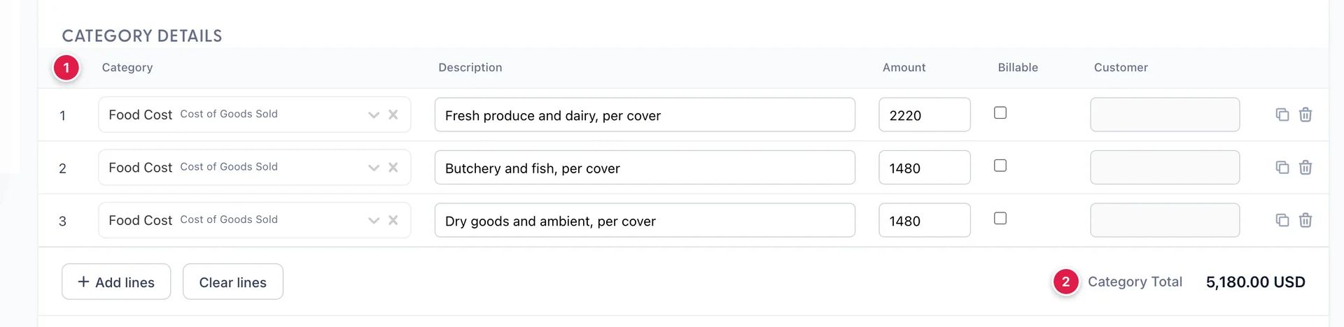 The CATEGORY DETAILS grid of bill BILL-2026-0132, three numbered lines all posting to Food Cost, a Cost of Goods Sold account, with an unticked Billable box and an empty Customer field each: Fresh produce and dairy, per cover at 2220, Butchery and fish, per cover at 1480, and Dry goods and ambient, per cover at 1480, above Add lines and Clear lines buttons and a Category Total of 5,180.00 USD.