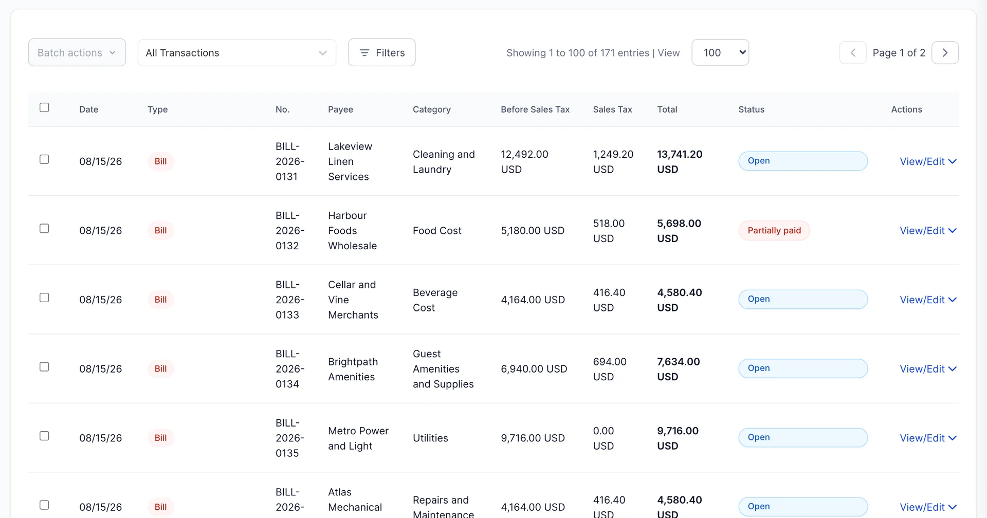 The top of the Expenses list, showing 1 to 100 of 171 entries. A Batch actions button, an All Transactions dropdown and Filters sit above columns reading Date, Type, No., Payee, Category, Before Sales Tax, Sales Tax, Total, Status and Actions. Six Bill rows dated 08/15/26 are visible: Lakeview Linen Services BILL-2026-0131, Cleaning and Laundry, 12,492.00 USD before tax, 1,249.20 USD tax, 13,741.20 USD total, Open; then Harbour Foods Wholesale, marked Partially paid; then Cellar and Vine Merchants, Brightpath Amenities, Metro Power and Light with no sales tax, and Atlas Mechanical Services.
