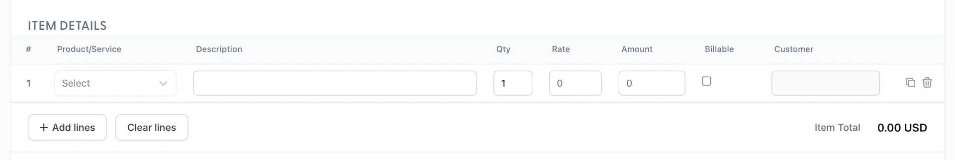 The ITEM DETAILS grid of a blank bill, with columns numbered and headed Product/Service, Description, Qty, Rate, Amount, Billable and Customer, one empty line reading Select, and an Item Total of 0.00 USD.