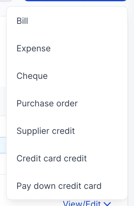The New Transaction dropdown open on the Expenses screen, listing Bill, Expense, Cheque, Purchase order, Supplier credit, Credit card credit and Pay down credit card.