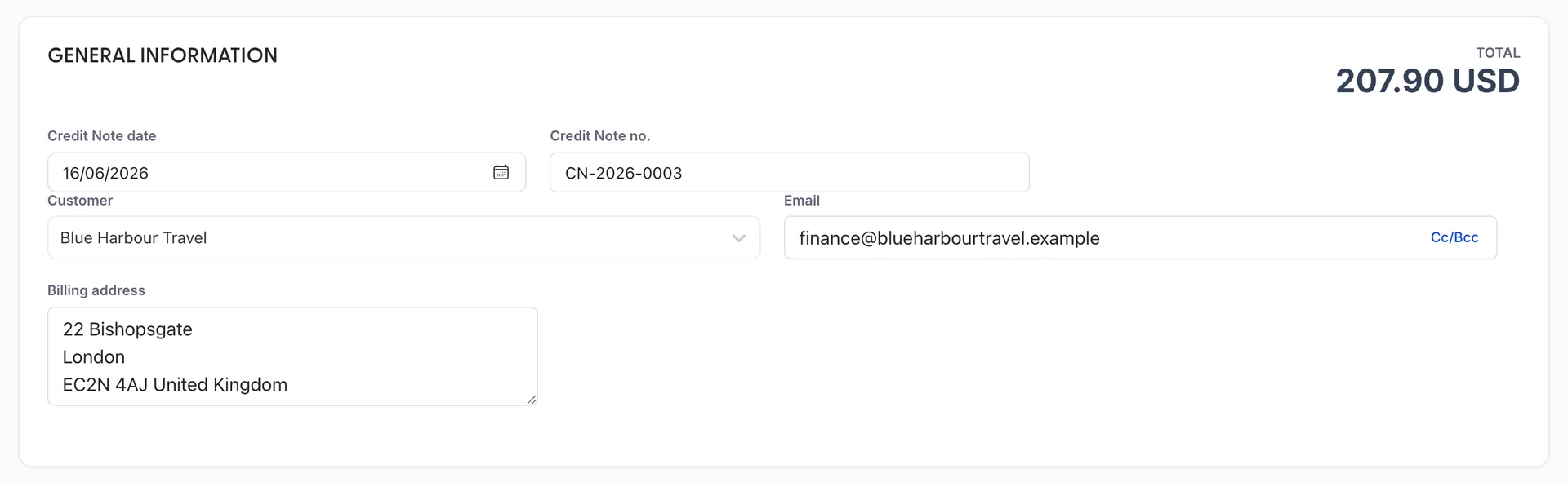 The top of credit note CN-2026-0003 for Blue Harbour Travel, with TOTAL 207.90 USD on the right. Credit Note date reads 16/06/2026, Credit Note no. reads CN-2026-0003 and the billing address holds three lines reading 22 Bishopsgate, London, and EC2N 4AJ United Kingdom.