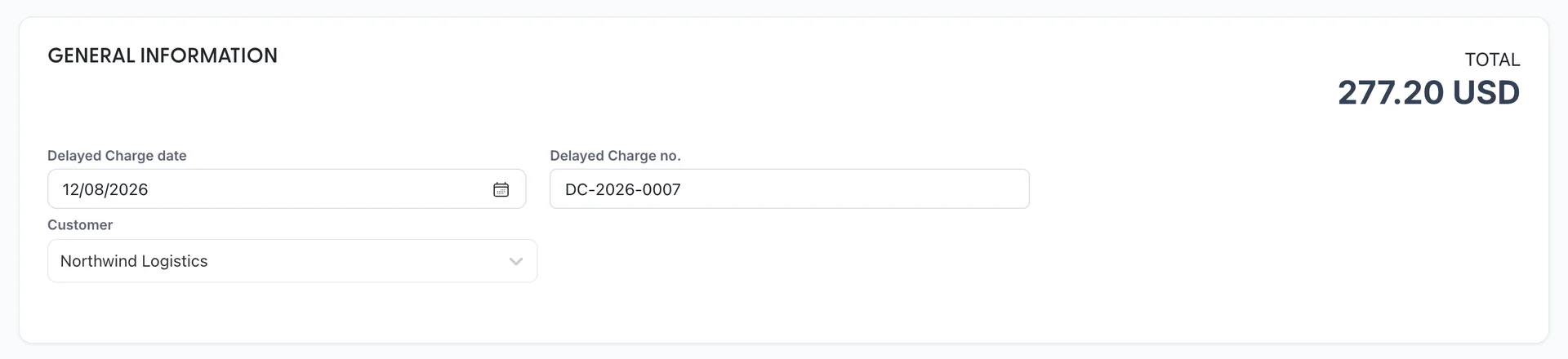 The top of delayed charge DC-2026-0007 for Northwind Logistics, with TOTAL 277.20 USD on the right. Delayed Charge date reads 12/08/2026 and Delayed Charge no. reads DC-2026-0007. There is no due date and no terms field.
