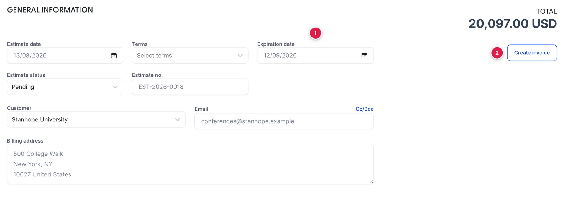 The top of estimate EST-2026-0018 for Stanhope University, with TOTAL 20,097.00 USD on the right and a Create invoice button under it. Estimate date reads 13/08/2026, Expiration date reads 12/09/2026, Estimate status reads Pending and Estimate no. reads EST-2026-0018. Terms is empty, reading Select terms.