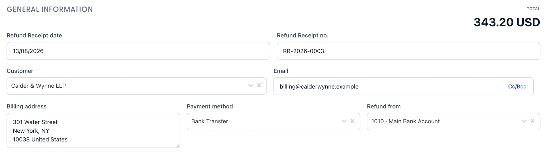 The top of refund receipt RR-2026-0003 for Calder & Wynne LLP, with TOTAL 343.20 USD on the right. Refund Receipt date reads 13/08/2026, Refund Receipt no. reads RR-2026-0003, Payment method reads Bank Transfer and Refund from reads 1010, Main Bank Account.