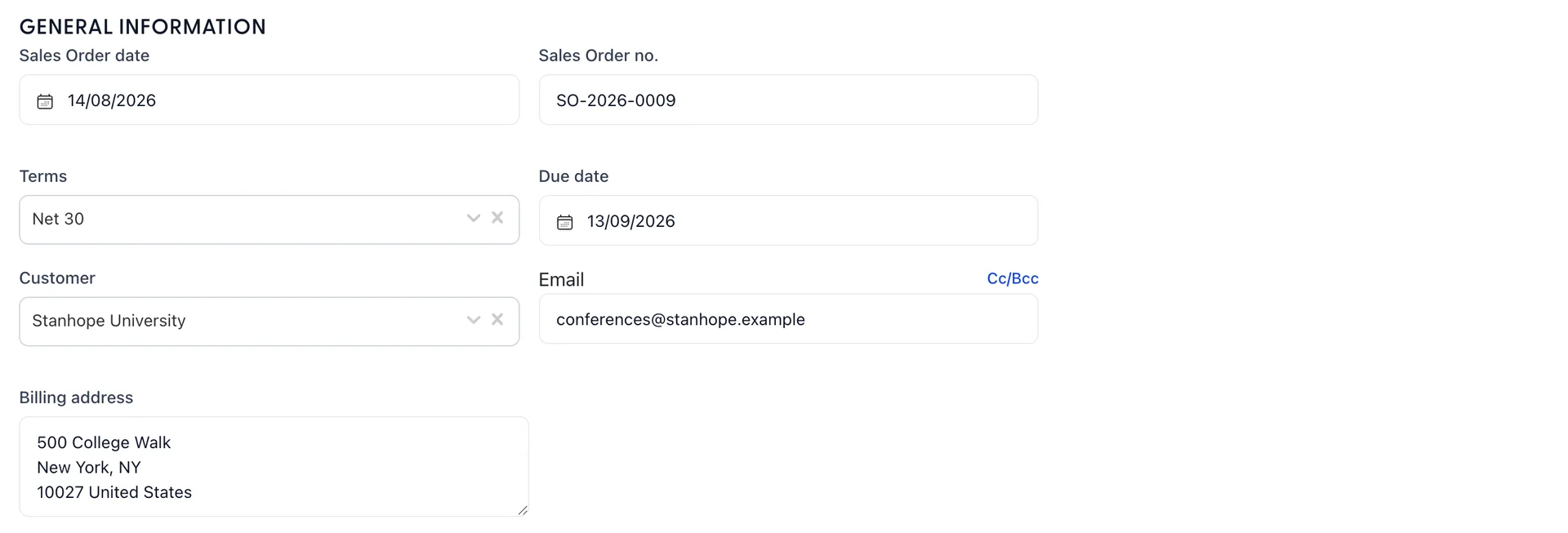 The top of sales order SO-2026-0009 for Stanhope University. Sales Order date reads 14/08/2026, Sales Order no. reads SO-2026-0009, Terms reads Net 30 and Due date reads 13/09/2026. There is no figure in the top right corner, where the other eight forms carry one.