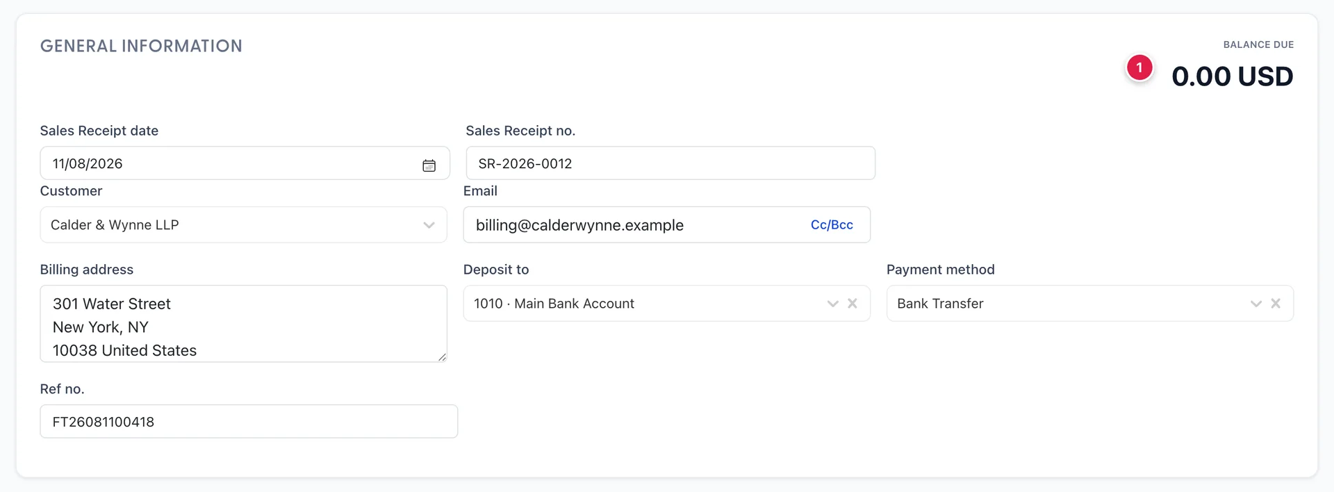 The top of sales receipt SR-2026-0012 for Calder & Wynne LLP. BALANCE DUE reads 0.00 USD. Sales Receipt date reads 11/08/2026, Sales Receipt no. reads SR-2026-0012, Deposit to reads 1010, Main Bank Account, Payment method reads Bank Transfer and Ref no. reads FT26081100418.