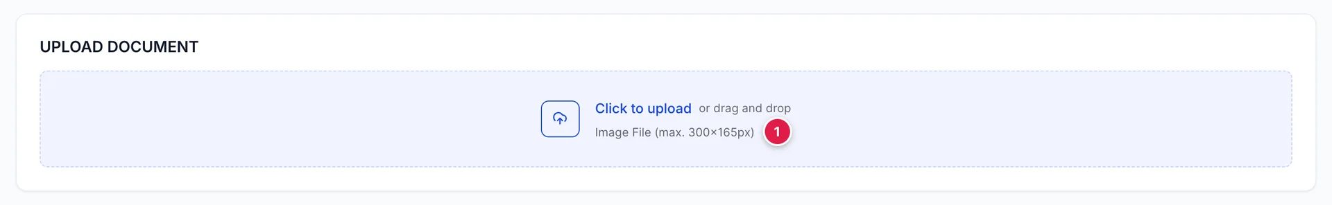 The UPLOAD DOCUMENT block on Learning Material. A dashed drop zone reads Click to upload or drag and drop, and below it in smaller grey text, Image File (max. 300 by 165 pixels).