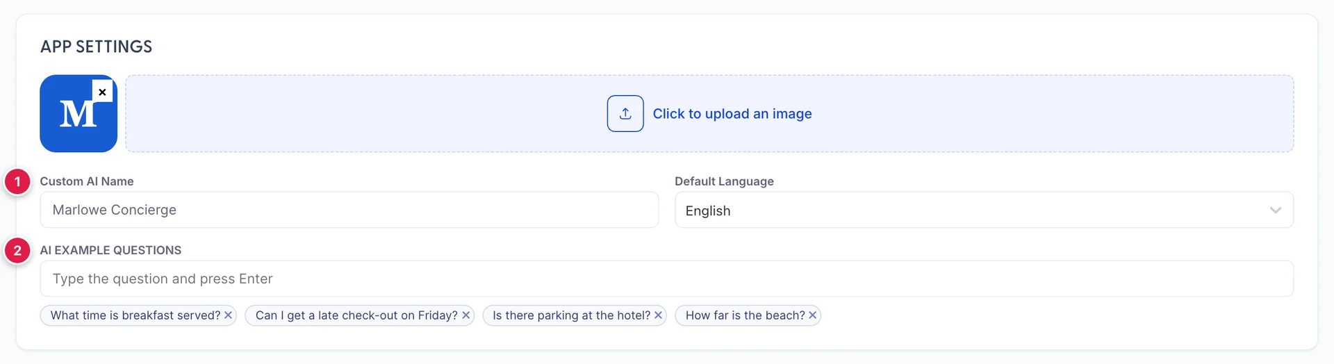 The APP SETTINGS card on Chat Settings. The current logo sits at the top left as a small blue thumbnail with a remove cross on it, beside a drop zone reading Click to upload an image. Custom AI Name reads Marlowe Concierge and Default Language reads English. Under AI EXAMPLE QUESTIONS an input reads Type the question and press Enter, and four chips below it read What time is breakfast served?, Can I get a late check-out on Friday?, Is there parking at the hotel? and How far is the beach?