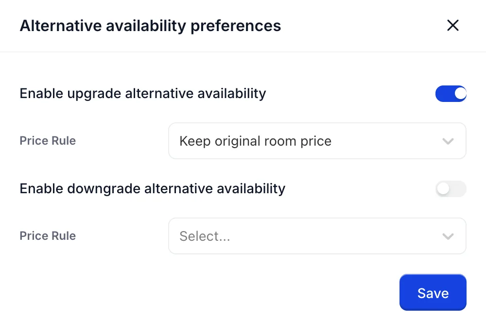 The Alternative availability preferences panel open at the right of the screen. Enable upgrade alternative availability is on and its Price Rule reads Keep original room price. Enable downgrade alternative availability is off and its Price Rule still reads Select. A Save button sits at the bottom right.