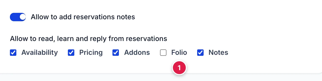 A close view of the right hand column of Prostay Integration. At the top the Allow to add reservations notes switch is on. Below it, under Allow to read, learn and reply from reservations, five checkboxes read Availability, Pricing, Addons, Folio and Notes. All are ticked except Folio, which is empty.