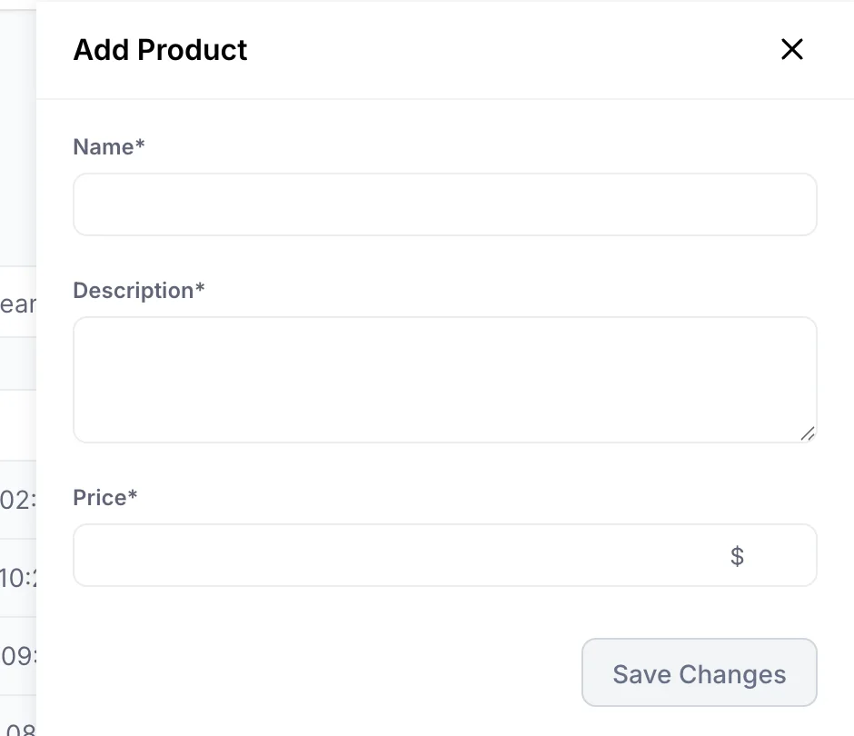 The Add Product panel with three required fields, Name, Description and Price, the price field prefixed with a dollar sign, and a Save Changes button.