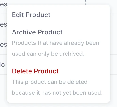 The row menu on the Pet cleaning fee product, offering Edit Product, Archive Product with a note that products already used can only be archived, and Delete Product in red with a note that this product can be deleted because it has not yet been used.