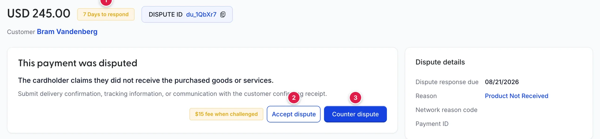 The top of a dispute page: 245 US dollars, a yellow tag reading 7 Days to respond, the dispute ID, and a card headed This payment was disputed with a 15 dollar fee note and two buttons, Accept dispute and Counter dispute.