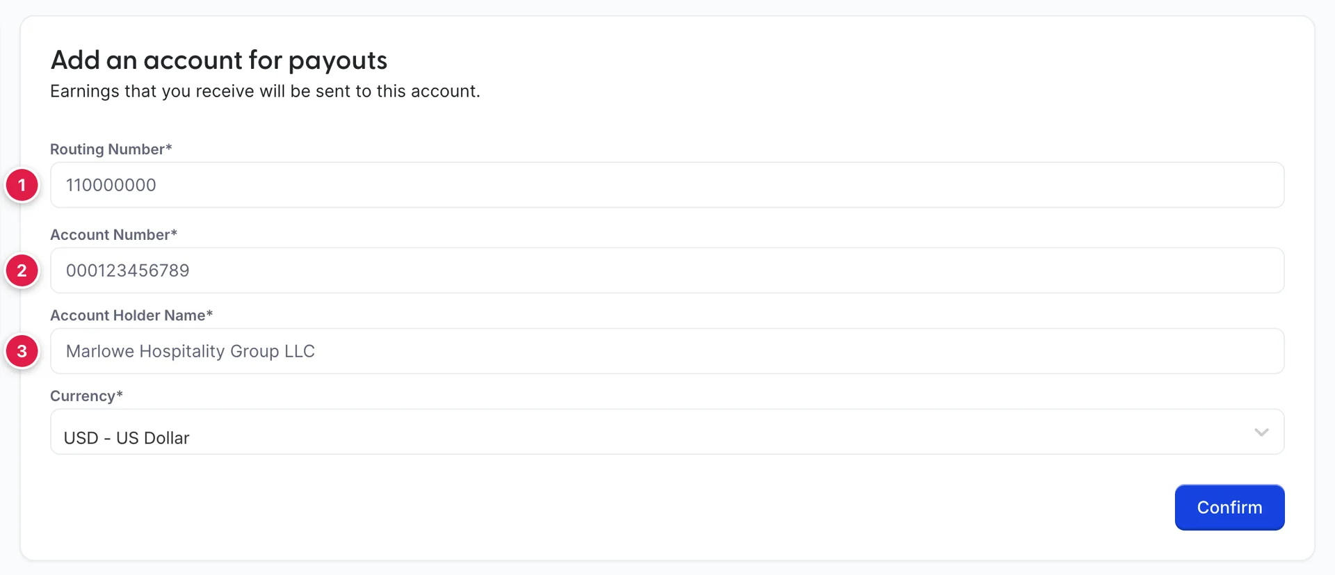 Step six, headed Add an account for payouts, with fields for Routing Number, Account Number and Account Holder Name, a currency of USD - US Dollar, and a Confirm button.