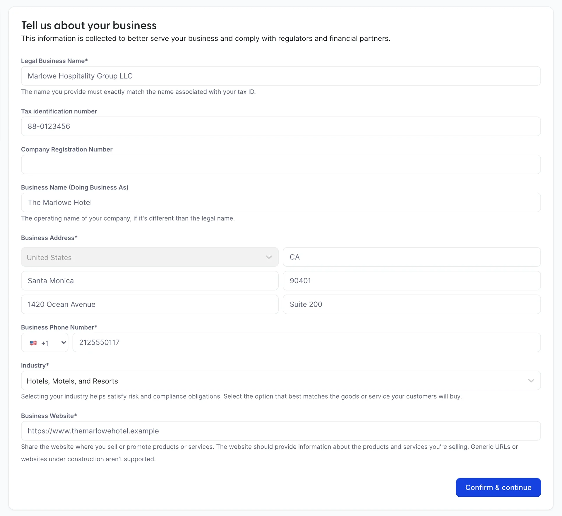 Step two of the wizard, headed Tell us about your business, with fields for Legal Business Name, Tax identification number, Company Registration Number, Business Name (Doing Business As), Business Address and Business Phone Number.