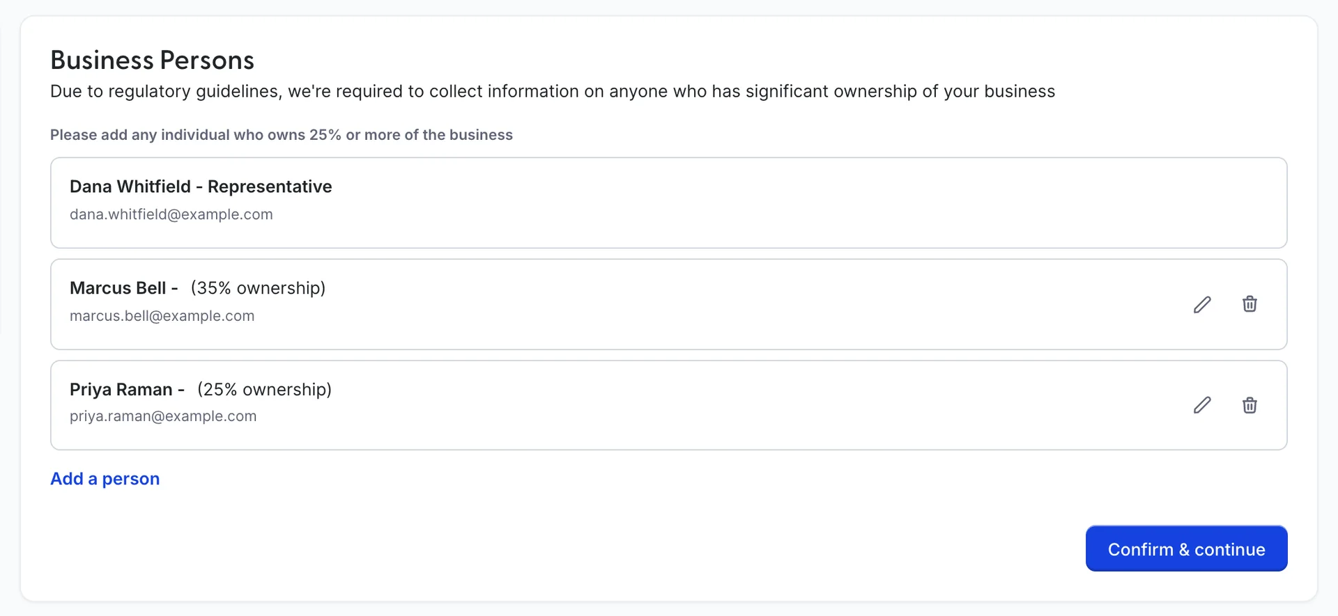 Step five, headed Business Persons, listing Dana Whitfield as Representative, Marcus Bell at 35 percent ownership and Priya Raman at 25 percent ownership, with an Add a person button underneath.