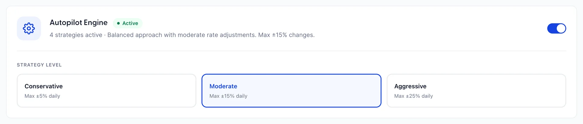 The Autopilot Engine card switched on, reading four strategies active, above a Strategy Level row with Conservative, Moderate and Aggressive, Moderate selected and labelled max plus or minus 15 percent daily.