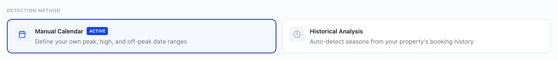 The Detection Method choice inside Event and Season Configuration, with Manual Calendar selected and badged Active, beside Historical Analysis offering to auto-detect seasons from booking history.