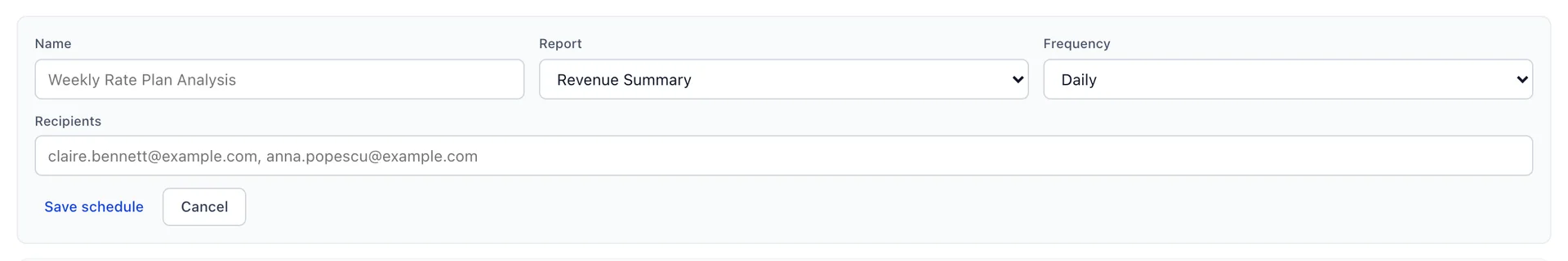 The Add Schedule form, with fields for a name, a report chosen from the five report types, a frequency of Daily, Weekly or Monthly, and a comma-separated list of recipients.