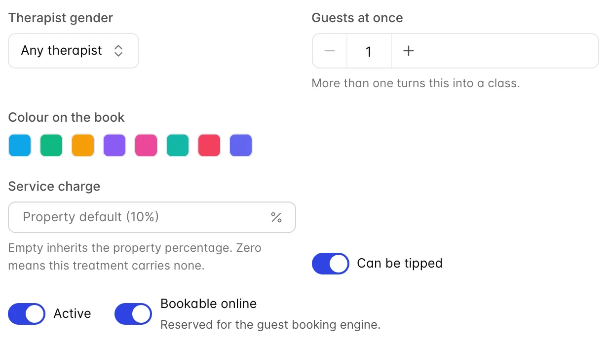 The lower part of the Hot Stone 75 min drawer, showing Therapist gender set to Any therapist, Guests at once set to 1, eight colour swatches with the amber one selected, a Service charge field with the placeholder "Property default (10%)", a Can be tipped switch turned on, and Active and Bookable online switches.