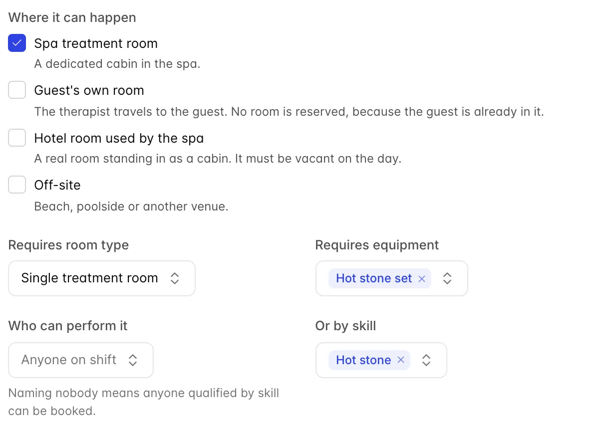 The middle of the Hot Stone 75 min drawer. Under "Where it can happen", Spa treatment room is ticked and Guest's own room, Hotel room used by the spa and Off-site are not. Below, Requires room type is set to Single treatment room and Requires equipment to Stone heater. Who can perform it reads "Anyone on shift" and Or by skill reads Hot stone.