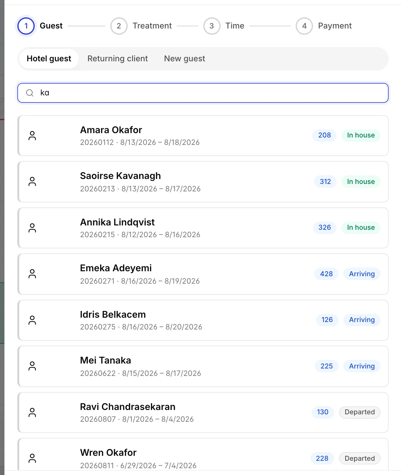 The Guest step of the New appointment drawer, with Hotel guest, Returning client and New guest tabs above a search box containing "ka". Eight reservations are listed, each with a confirmation number, the stay dates, the room number in a blue badge and the guest state beside it: Amara Okafor in 208, Saoirse Kavanagh in 312 and Annika Lindqvist in 326 marked In house, Emeka Adeyemi in 428, Idris Belkacem in 126 and Mei Tanaka in 225 marked Arriving, and Ravi Chandrasekaran in 130 and Wren Okafor in 228 marked Departed.