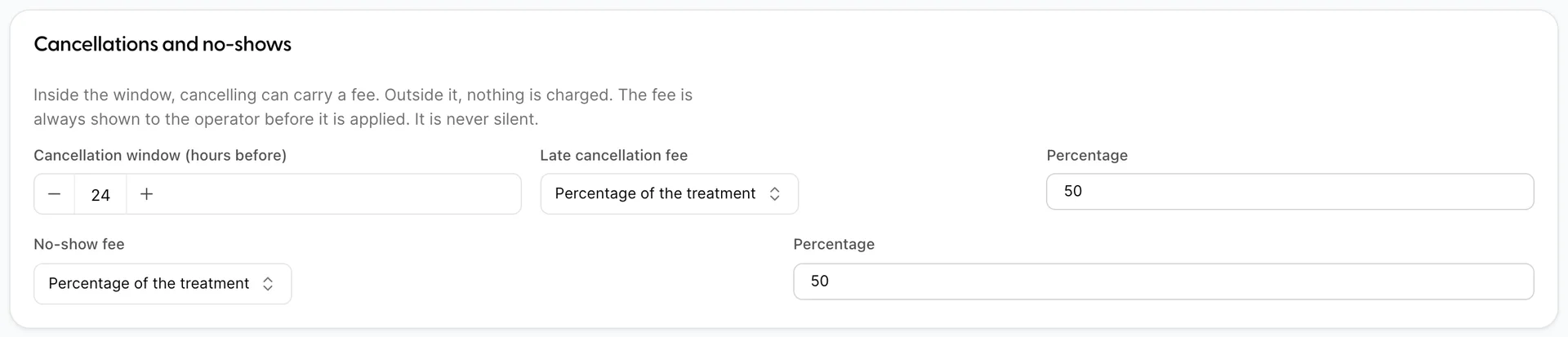 The Cancellations and no-shows card in Spa settings, with a cancellation window of 24 hours, a late cancellation fee of 50 percent, and a no-show fee of 50 percent.
