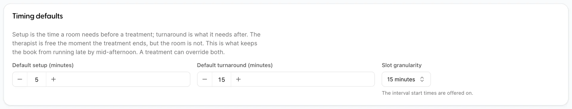The Timing defaults card in Spa settings, showing Default setup of 5 minutes, Default turnaround of 15 minutes and Slot granularity set to 15 minutes, with the hint "The interval start times are offered on."