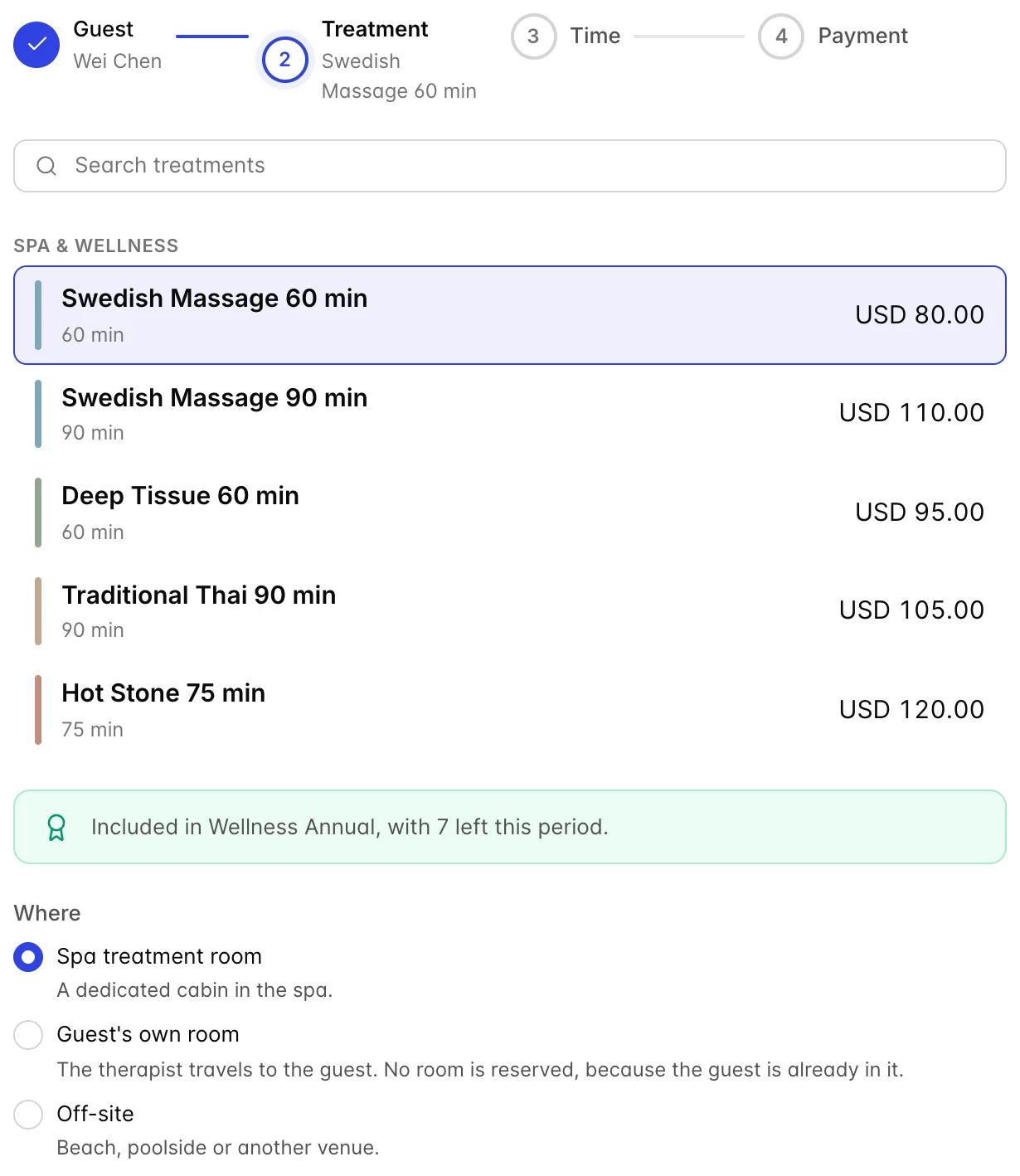 The Treatment step of the booking wizard for Wei Chen. The step tracker shows Guest answered with his name and Treatment in progress. Swedish Massage 60 min at USD 80.00 is selected out of the Spa & Wellness list, and a green banner underneath reads "Included in Wellness Annual, with 7 left this period." Below it the Where group offers Spa treatment room, chosen, Guest's own room and Off-site.