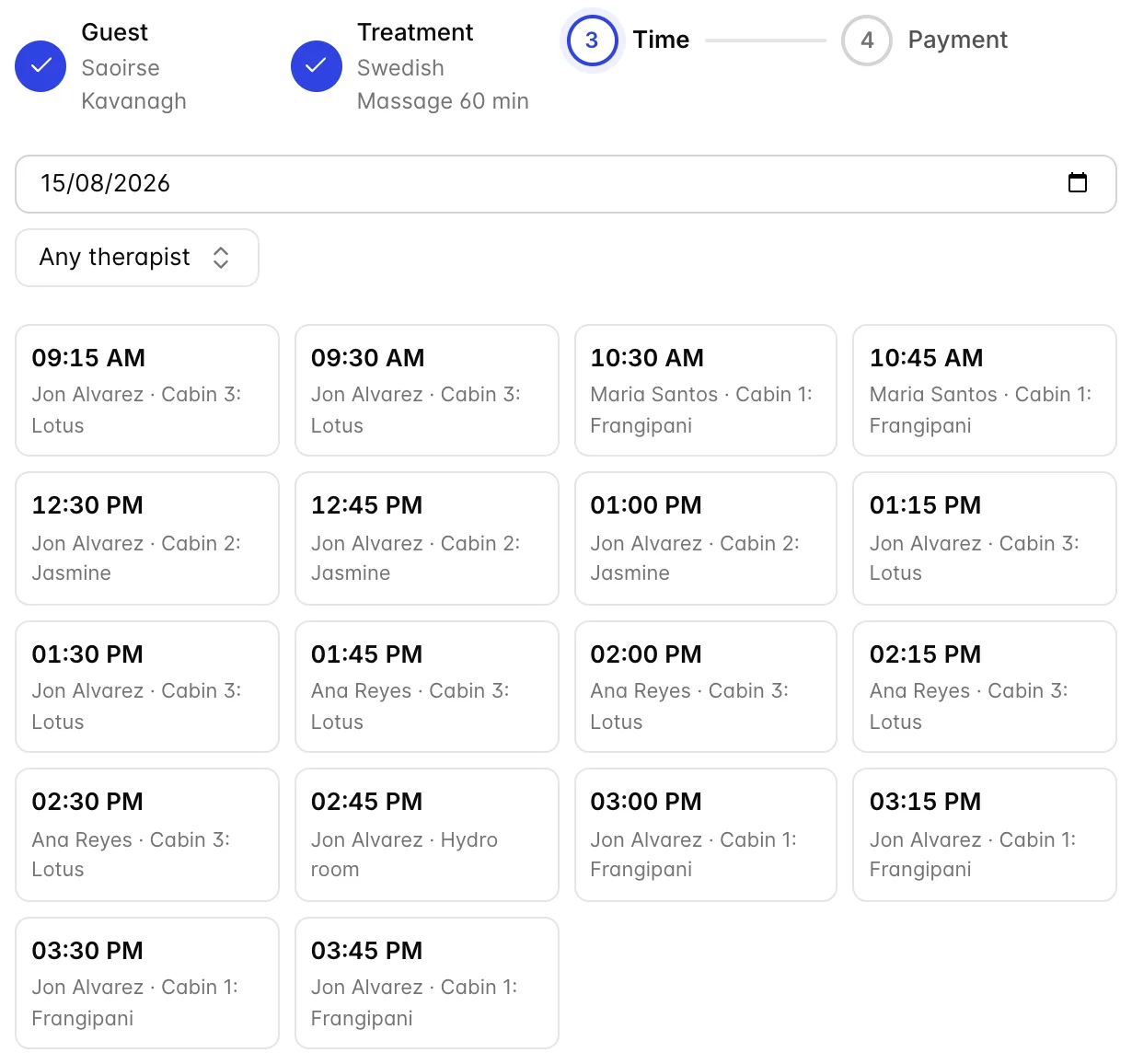 The Time step, with a date field showing 15/08/2026 and a therapist dropdown reading Any therapist. Below, a grid of start times from 10:00 onwards, each naming the therapist and room it would use, such as "10:00, Ana Reyes · Cabin 1: Frangipani".