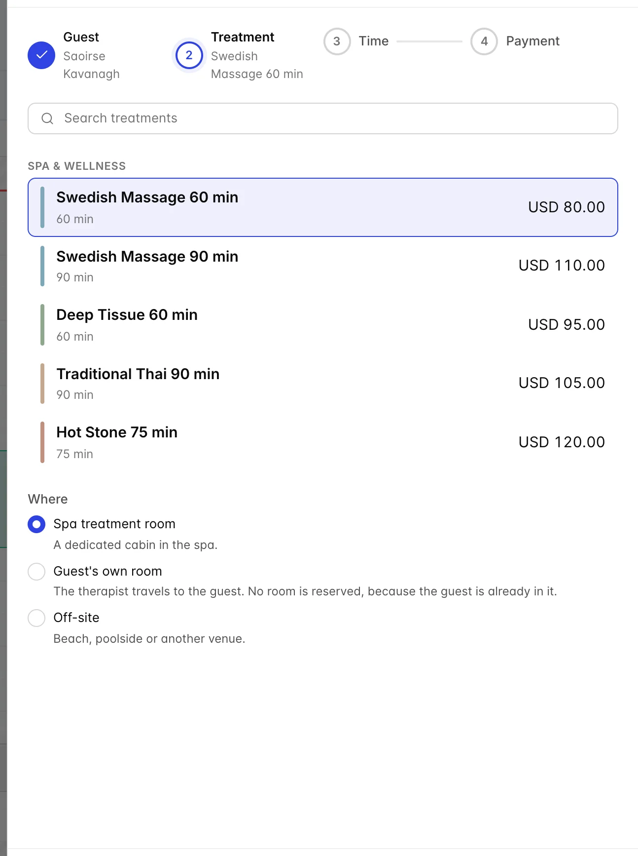 The Treatment step, with a search box above treatments grouped under a Spa & Wellness heading, each showing a colour swatch, its name, its length and its price. Swedish Massage 60 min is selected. Below the list, a "Where" group offers Spa treatment room, Guest's own room and Off-site, with Spa treatment room chosen.