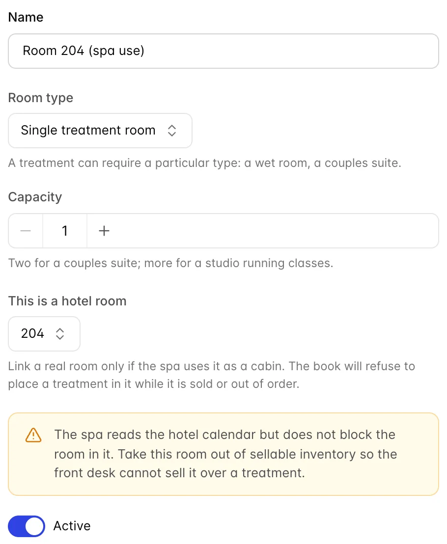 The Room 204 (spa use) drawer, with a Room type of Single treatment room, a capacity of 1, and "This is a hotel room" set to 204. An amber banner reads "The spa reads the hotel calendar but does not block the room in it. Take this room out of sellable inventory so the front desk cannot sell it over a treatment."