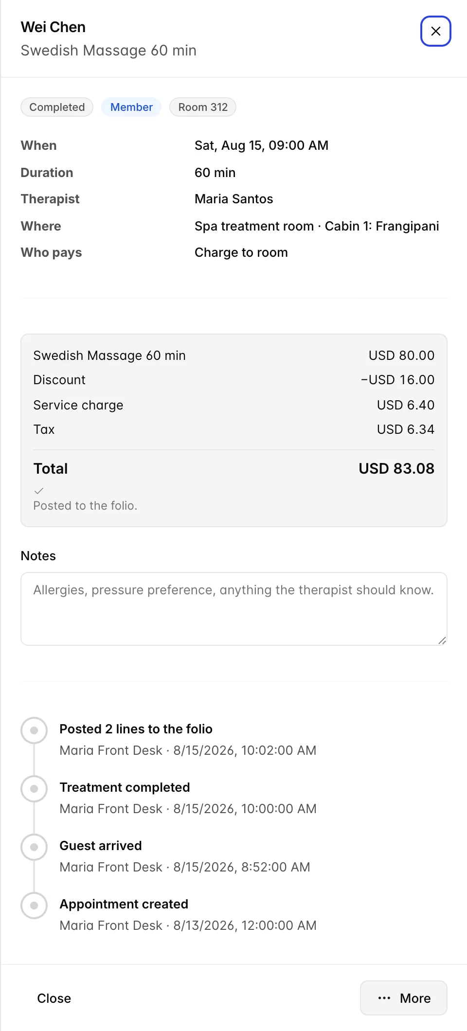 The appointment drawer for Wei Chen, Swedish Massage 60 min, with Completed, Member and Room 312 badges. Who pays reads Charge to room. The summary lists the treatment at USD 80.00, a discount of USD 16.00, a service charge of USD 6.40, tax of USD 6.34 and a total of USD 76.74, with a ticked line underneath reading "Posted to the folio." A history at the bottom reads, newest first, "Posted 2 lines to the folio" at 10:02, "Treatment completed" at 10:00, "Guest arrived" at 8:52 and "Appointment created" two days earlier.