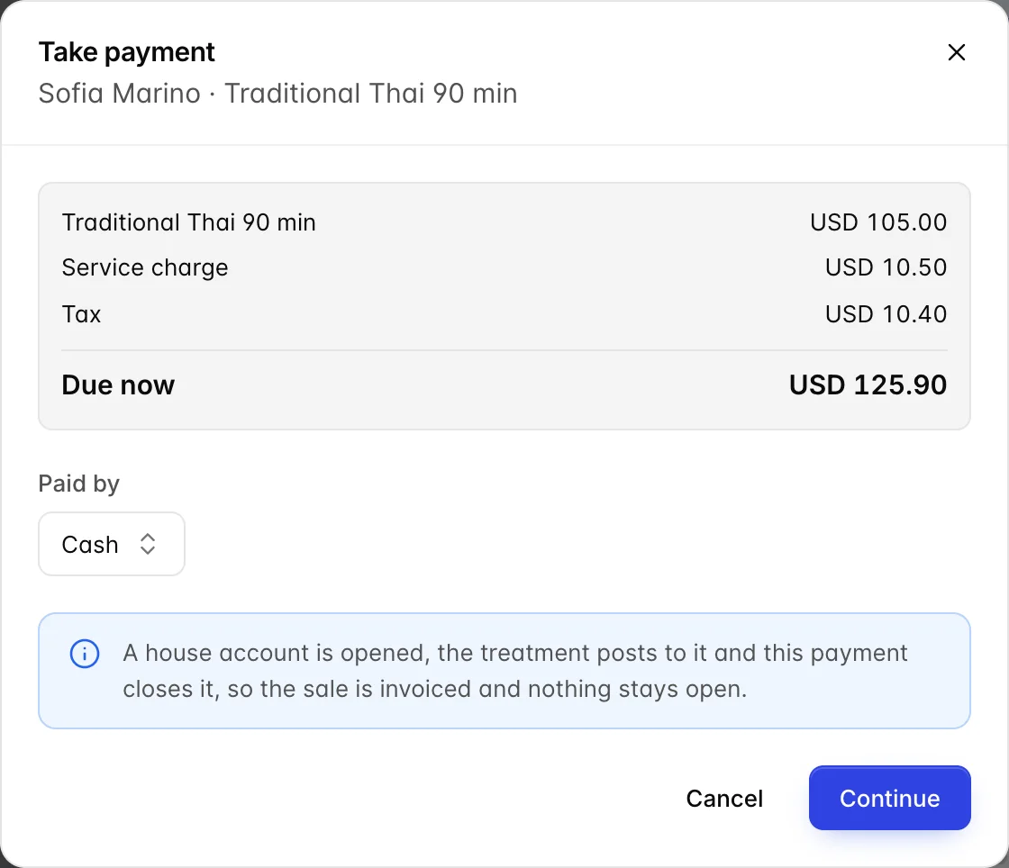 The Take payment dialog for Sofia Marino, Traditional Thai 90 min. A summary lists the treatment at USD 105.00, a service charge of USD 10.50, tax of USD 10.40 and Due now USD 125.90. Below it a "Paid by" dropdown set to Cash and an information banner reading "A house account is opened, the treatment posts to it and this payment closes it, so the sale is invoiced and nothing stays open." The buttons read Cancel and Continue.