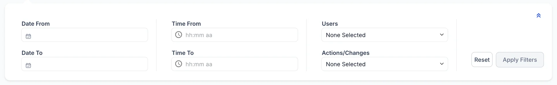 La carte «Search filters ». Les sélecteurs «Date From» et «Date To» à gauche, les sélecteurs «Time From» et «Time To» à côté, puis une liste «Users» et une liste «Actions/Changes», toutes deux à choix multiples. Les boutons «Reset» et «Apply Filters» se trouvent à droite, le bouton «Apply Filters» étant grisé out car rien n’a encore été sélectionné.