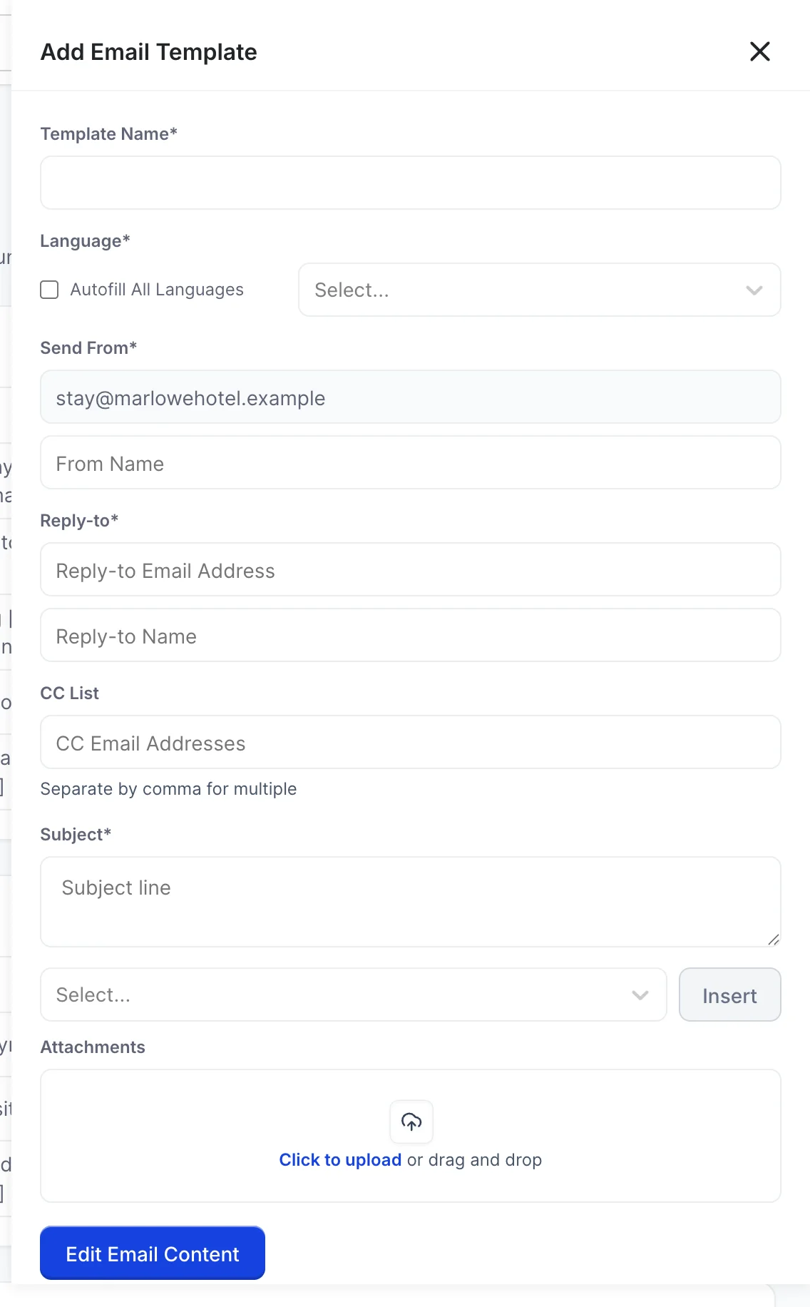 The Add Email Template panel with fields for Template Name, Language with an Autofill All Languages checkbox, a greyed out Send From address reading stay@marlowehotel.example, a From Name field, Reply-to email and name fields, a CC List field, a Subject box with a parameter dropdown and an Insert button beneath it, an attachments area and an Edit Email Content button.